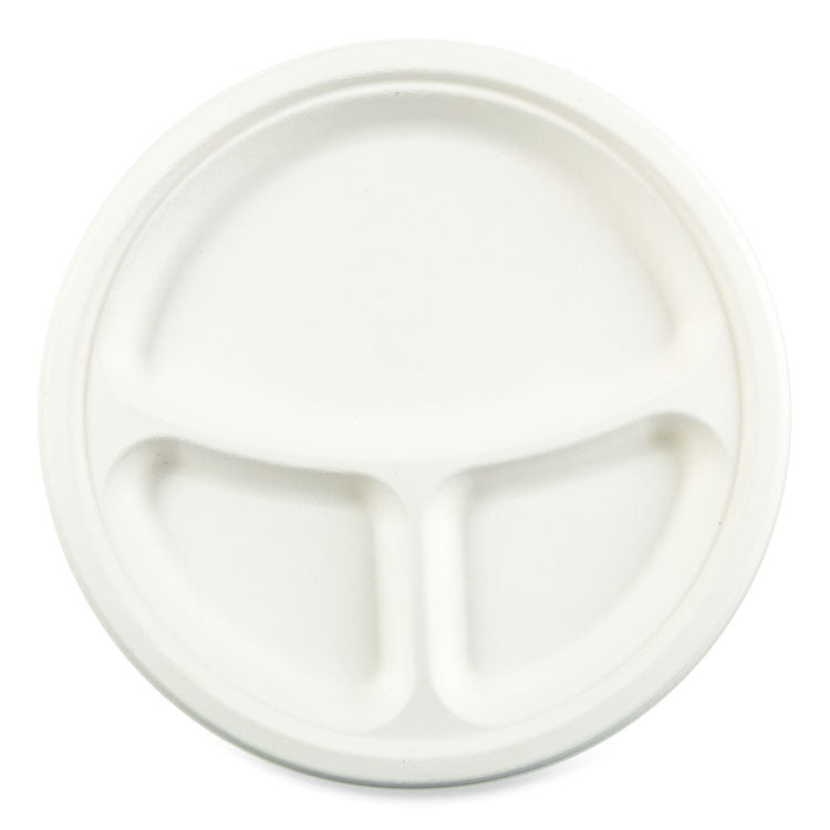 Boardwalk - Bagasse PFAS-Free Dinnerware, Plate, 10" dia, 3-Compartment, White, 500/Carton