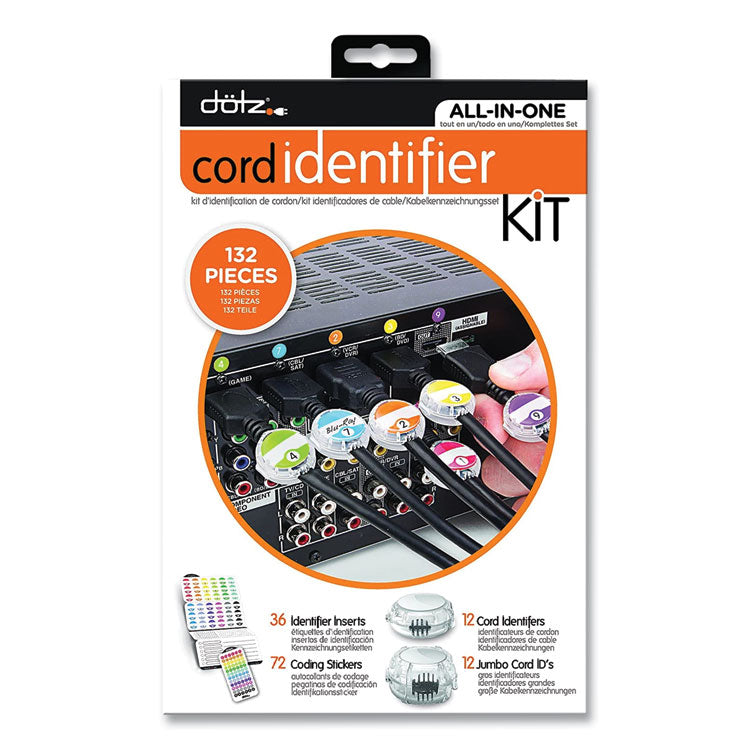 dotz - Cord ID Kit, (12) Regular and (12) Jumbo-Sized Cord Identifiers, (72) Color-Coded Stickers, (36) Identifier Inserts