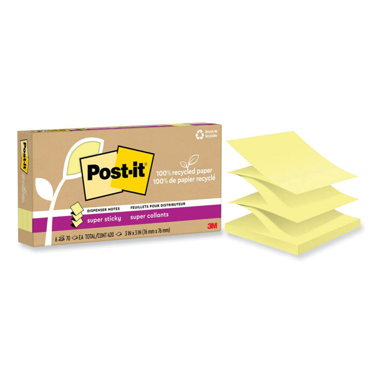 Post-it Notes Super Sticky - 100% Recycled Paper Super Sticky Notes, 3" x 3", Canary Yellow, 70 Sheets/Pad, 6 Pads/Pack