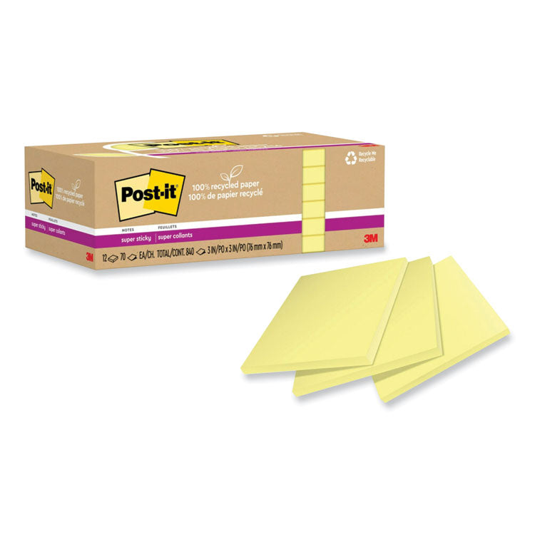 Post-it Notes Super Sticky - 100% Recycled Paper Super Sticky Notes, 3" x 3", Canary Yelow, 70 Sheets/Pad, 12 Pads/Pack