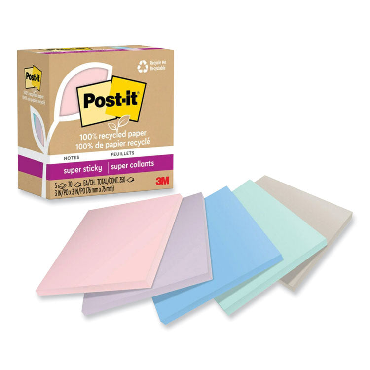 Post-it Notes Super Sticky - 100% Recycled Paper Super Sticky Notes, 3" x 3", Wanderlust Pastels, 70 Sheets/Pad, 5 Pads/Pack