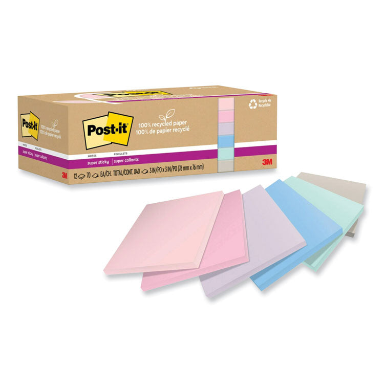 Post-it Notes Super Sticky - 100% Recycled Paper Super Sticky Notes, 3" x 3", Wanderlust Pastels, 70 Sheets/Pad, 12 Pads/Pack