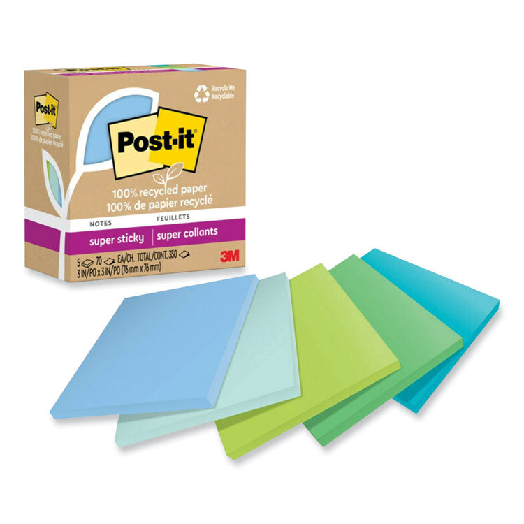 Post-it Notes Super Sticky - 100% Recycled Paper Super Sticky Notes, 3" x 3", Oasis, 70 Sheets/Pad, 5 Pads/Pack