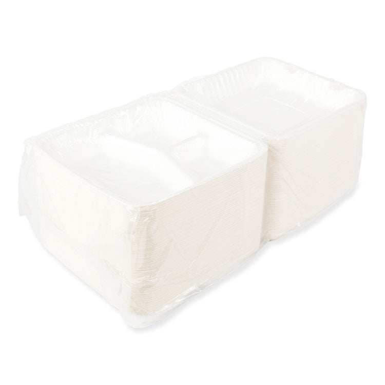 AmerCareRoyal - Bagasse PFAS-Free Food Containers, 3-Compartment, 9 x 9 x 3.19, White, Bamboo/Sugarcane, 200/Carton