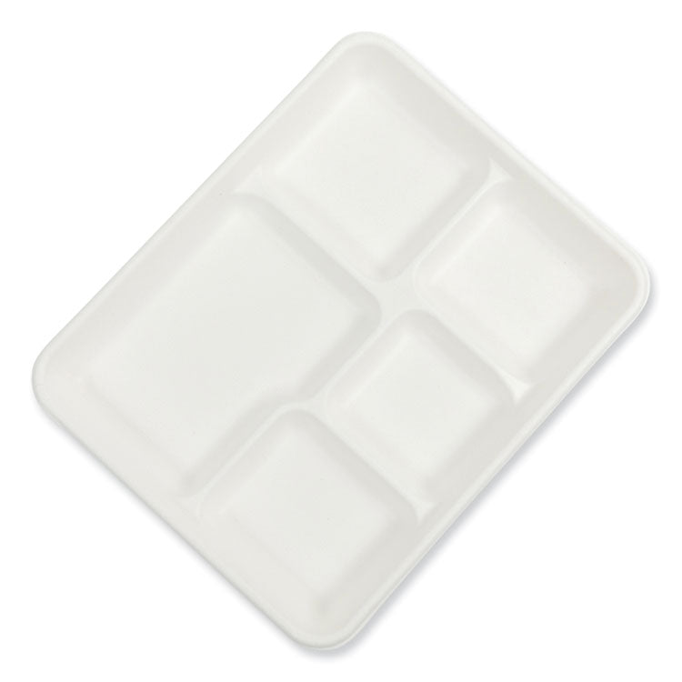 AmerCareRoyal - Bagasse PFAS-Free Food Tray, 5-Compartment, 8.26 x 10.23 x 0.94, White, Bamboo/Sugarcane, 500/Carton