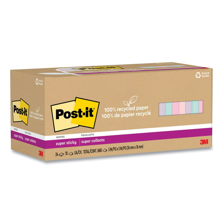 Post-it Notes Super Sticky - 100% Recycled Paper Super Sticky Notes, 3" x 3", Wanderlust Pastels, 70 Sheets/Pad, 24 Pads/Pack