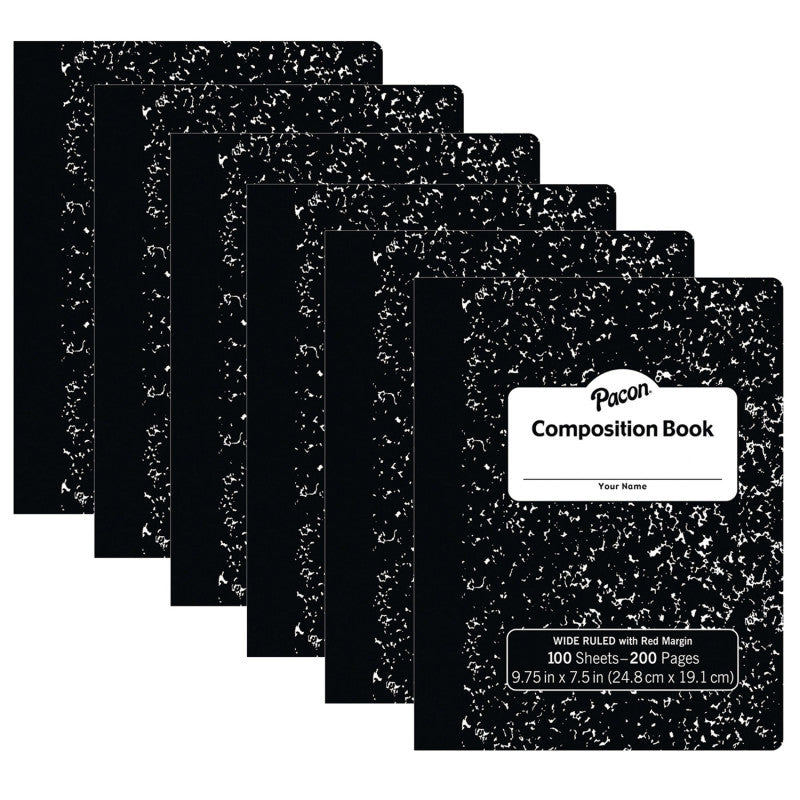 PACON - Composition Book, Black Marble, 3/8" Ruled w/Margin, 9-3/4" x 7-1/2", 100 Sheets Per Book, Pack of 6