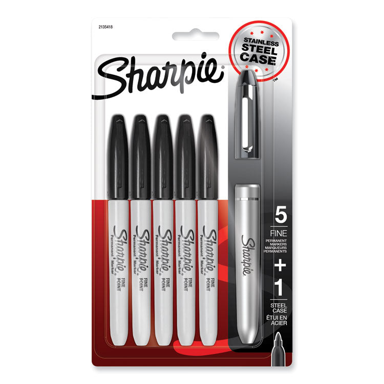 Sharpie - Fine Tip Permanent Marker, Stainless Steel Single Marker Case, Fine Bullet Tip, Black, 5/Pack