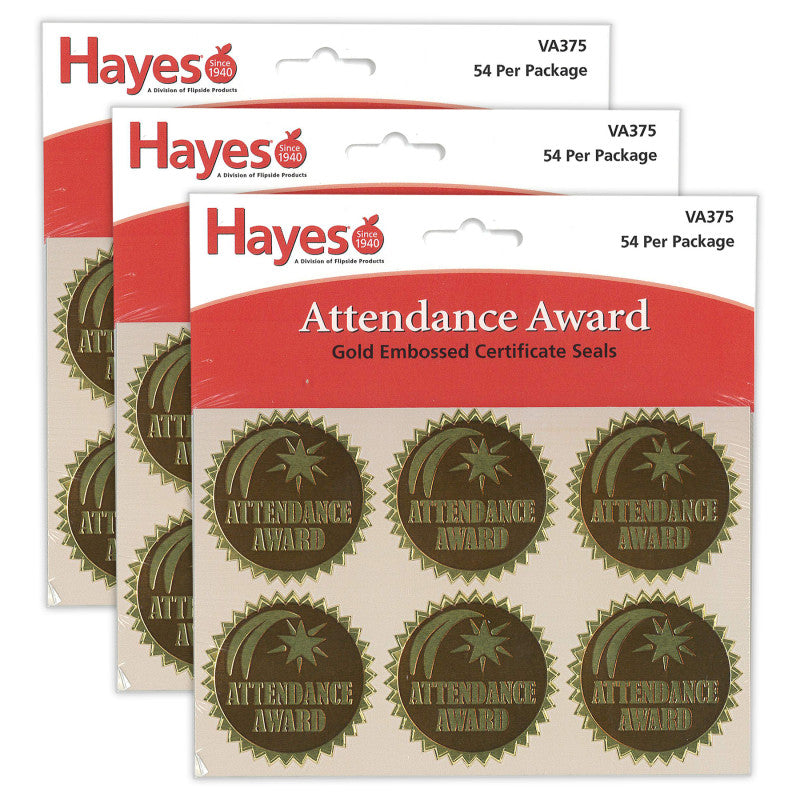 HAYES PUBLISHING - Gold Foil Embossed Seals, Attendance Award, 54 Per Pack, 3 Packs