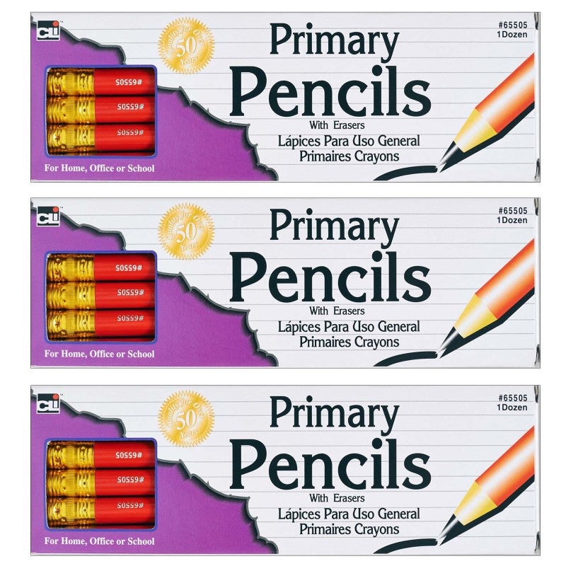 CHARLES LEONARD - Primary Pencil, 0.41", Red with Eraser, 12 Per Box, 3 Boxes