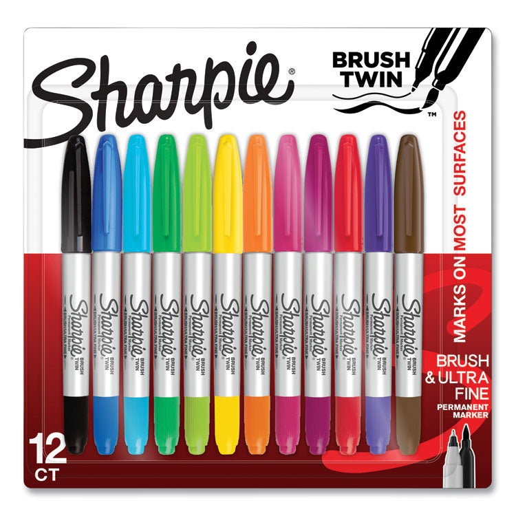 Sharpie - Brush Tip Permanent Marker, Twin Tip, Ultra-Fine Needle/Broad Brush Tips, Assorted Colors, 12/Pack