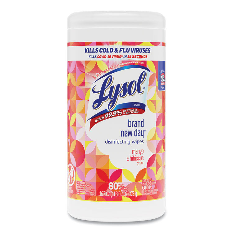 LYSOL Brand - Disinfecting Wipes, 1-Ply, 7 x 7.25, Mango and Hibiscus, White, 80 Wipes/Canister