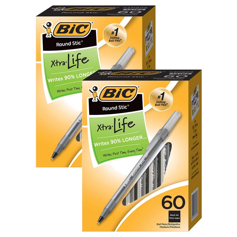 BIC - Round Stic® Xtra Life Ball Pen, Black, 60 Per Pack, 2 Packs