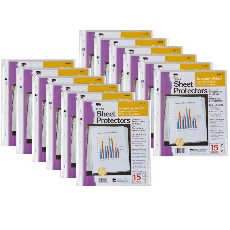 CHARLES LEONARD - Sheet Protectors, Economy Weight, Letter Size, Clear, 15 Per Packk, 12 Packs