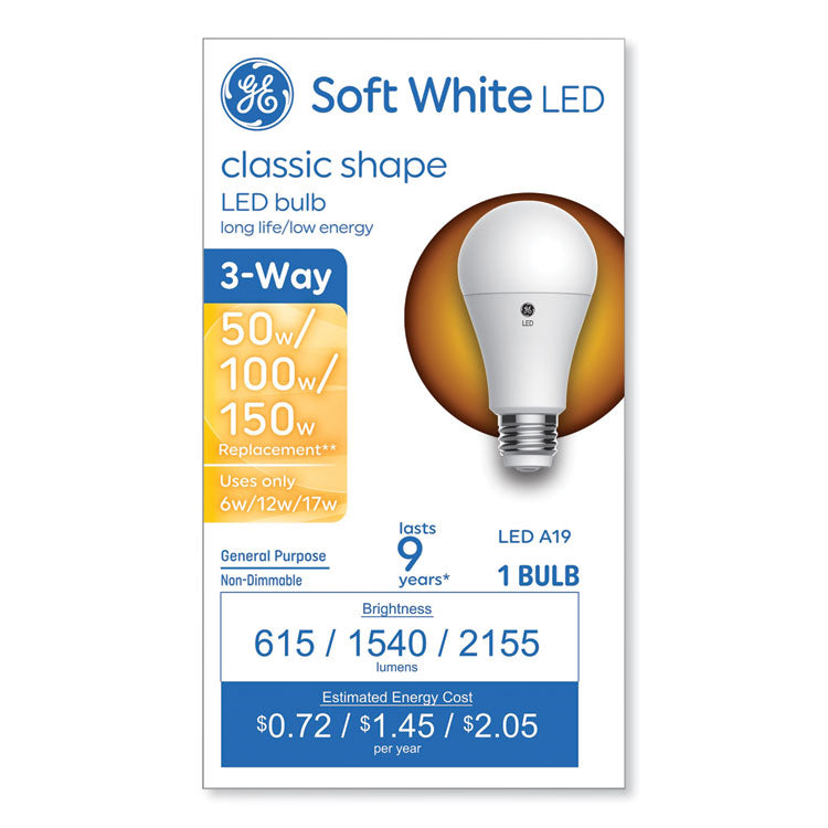 GE - Classic LED SW Non-Dim A19 3-Way Light Bulb, 6 W; 12 W; 17 W, Soft White