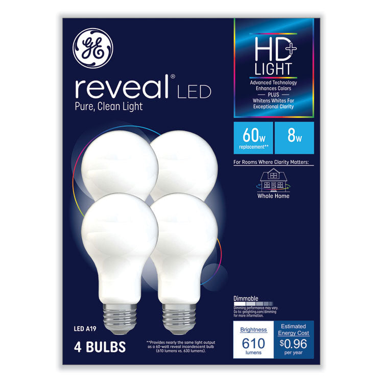 GE - Reveal HD+ LED A19 Light Bulb, 8 W, 4/Pack