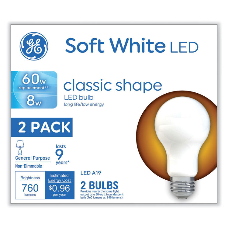 GE - Classic LED Non-Dim A19 Light Bulb, 8 W, Soft White, 2/Pack