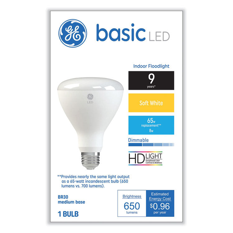 GE - Basic LED Dimmable Indoor Flood Light Bulbs, BR30, 8 W, Soft White