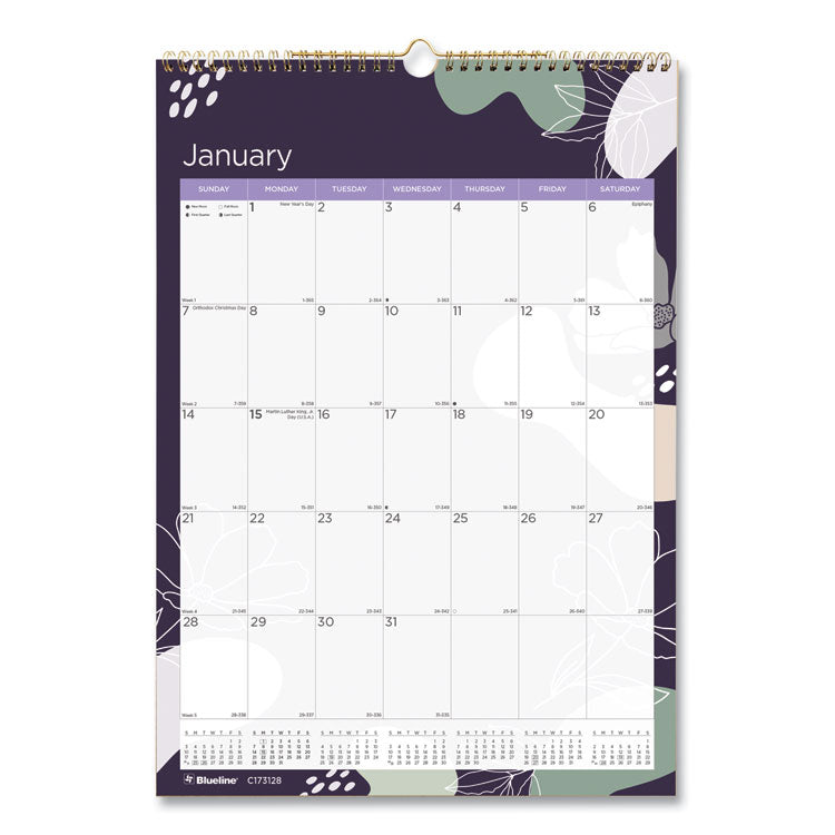 Blueline - 12-Month Colorful Wall Calendar, Abstract Floral Artwork, 12 x 17, White Sheets, 12-Month (Jan to Dec): 2024