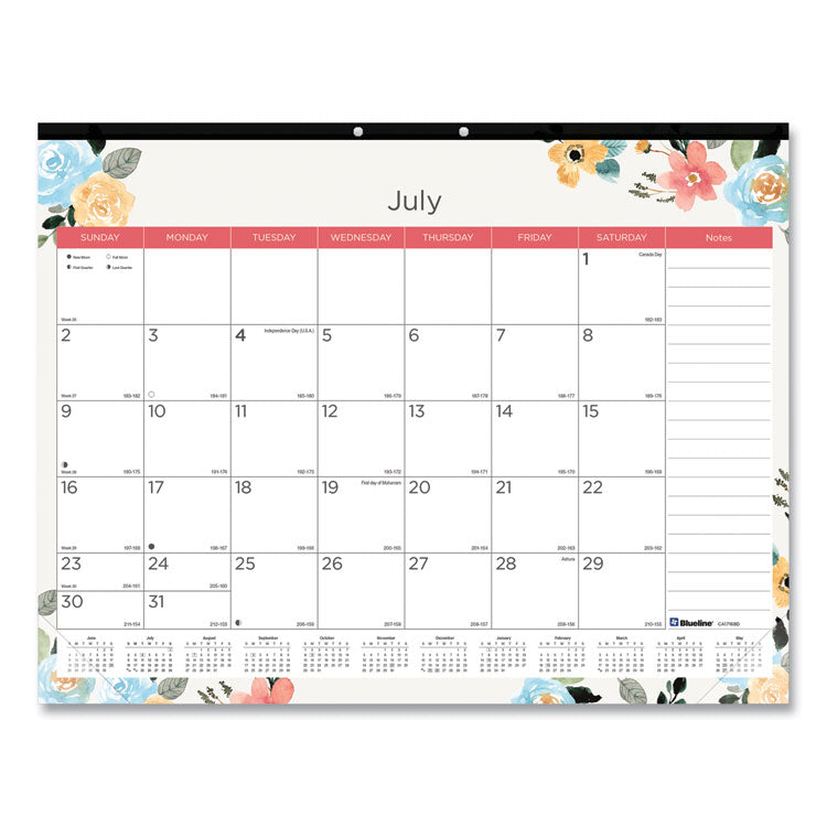 Blueline - Spring Monthly Academic Desk Pad Calendar, Colorful Blossom Artwork, 22 x 17, Black Binding, 18-Month (July-Dec): 2023-2024