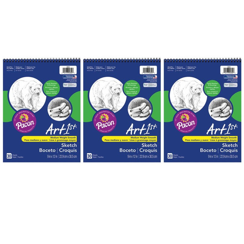 UCREATE - Sketch Book, Standard Weight, 9" x 12", 30 Sheets Per Book, 3 Books