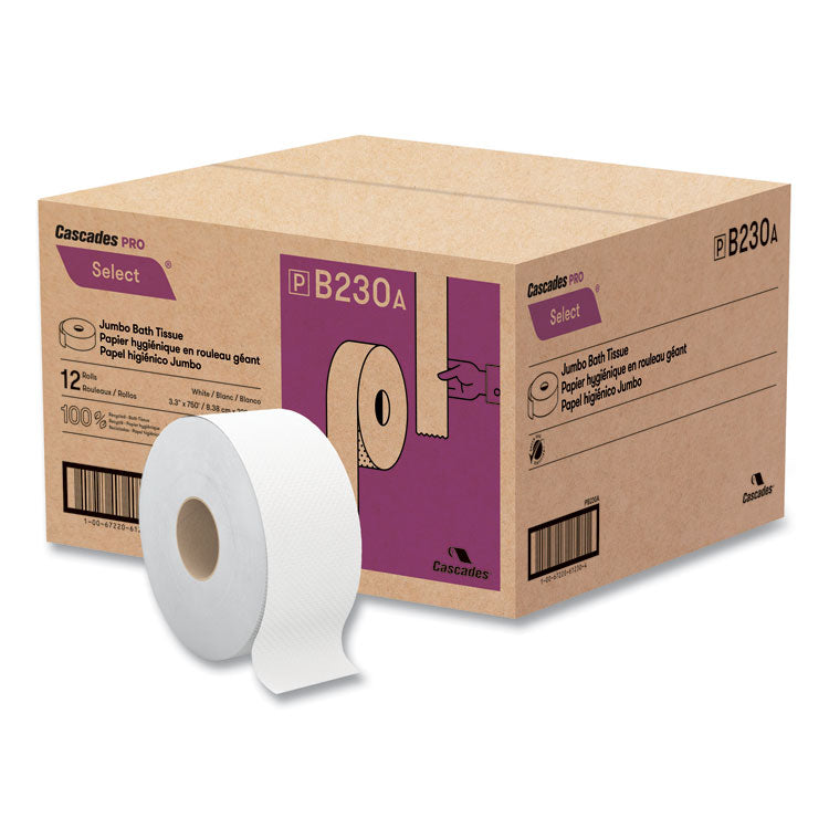 Cascades PRO - Select Jumbo Bath Tissue, Septic Safe, 2-Ply, White, 3.3" x 750 ft, 12/Carton