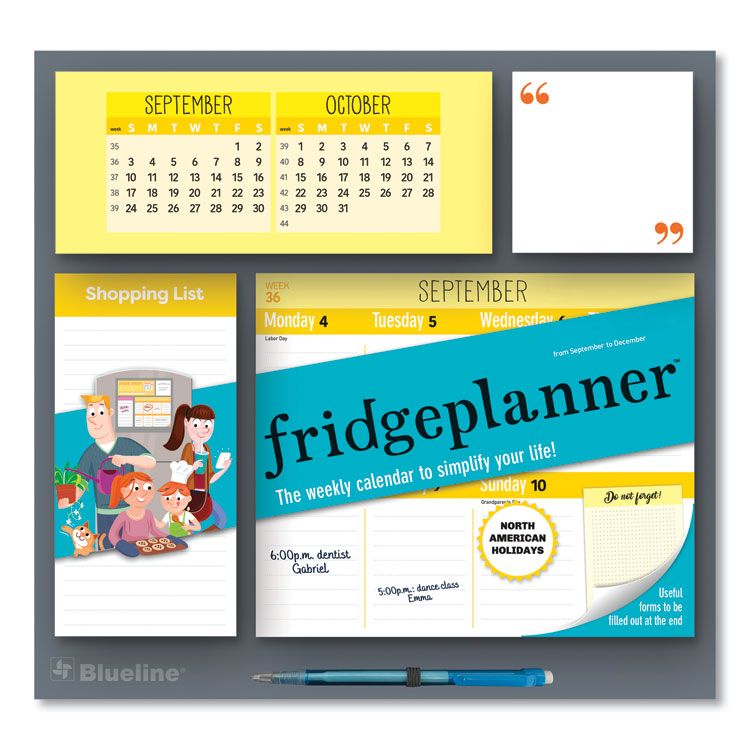 Blueline - Fridge Planner Magnetized Weekly Calendar with Pads + Pencil, 12 x 12.5, White/Yellow Sheets, 16-Month (Sept-Dec): 2024-2025