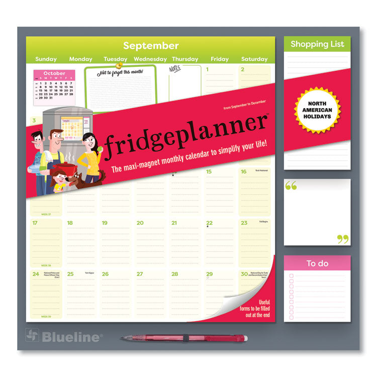 Blueline - Fridge Planner Magnetized Monthly Calendar with Pads + Pencil, 14 x 13.5, Yellow/Green Sheets, 16-Month (Sept-Dec): 2024-2025