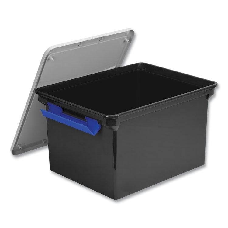 Storex - Tote with Locking Handles, Legal/Letter, 13.9" x 18.3 x 10.6", Black/Silver/Blue, 4/Carton