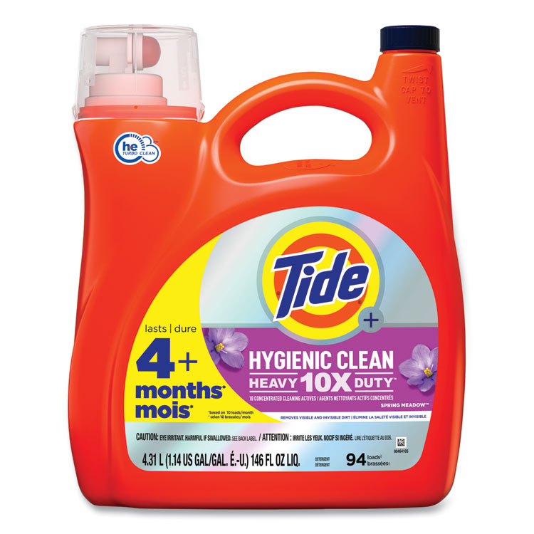 Tide - Hygienic Clean Heavy 10x Duty Liquid Laundry Detergent, Spring Meadow Scent, 146 oz Pour Bottle, 4/Carton