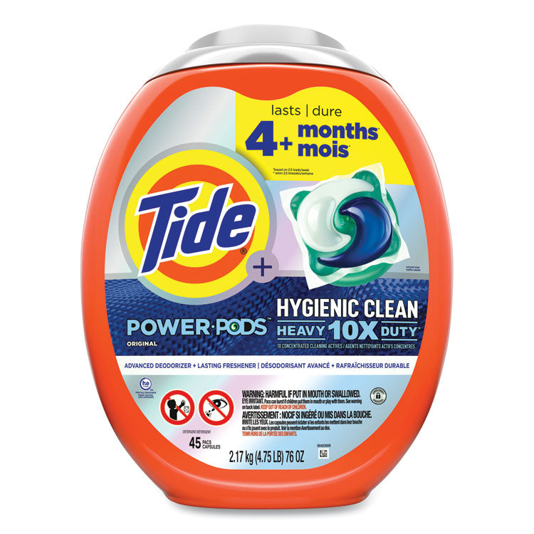 Tide - Hygienic Clean Heavy 10x Duty Power Pods, Original Scent, 76 oz Tub, 45 Pods, 4/Carton