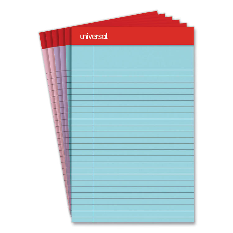 Universal - Perforated Ruled Writing Pads, Narrow Rule, Red Headband, 50 Assorted Pastels 5 x 8 Sheets, 6/Pack