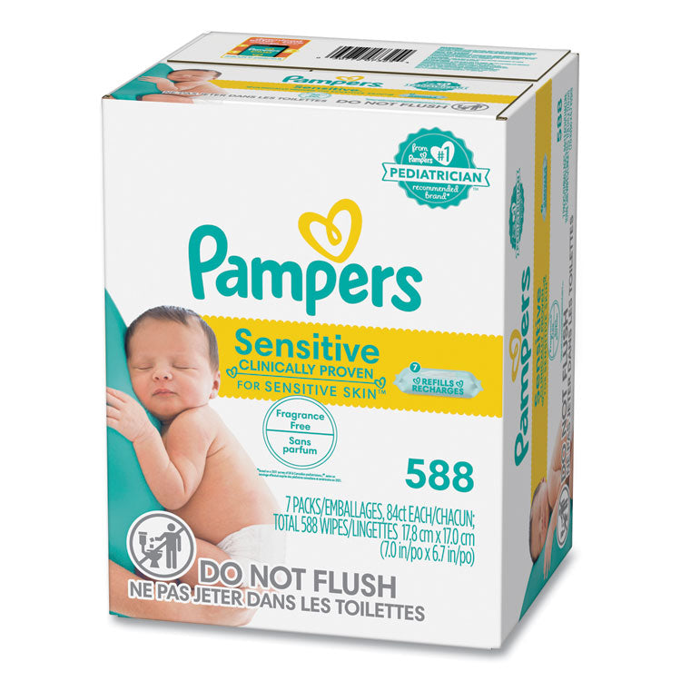 Pampers - Sensitive Baby Wipes, 1-Ply, 6.7 x 7, Unscented, White, 84/Pack, 7/Carton