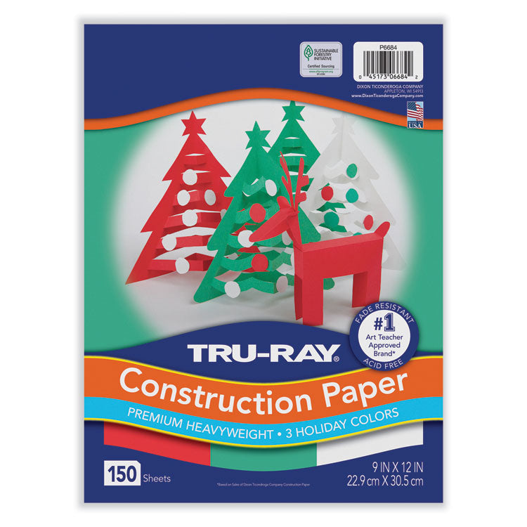 Pacon - Tru-Ray Construction Paper, 70 lb Text Weight, 9 x 12, Assorted Holiday Colors, 150/Pack