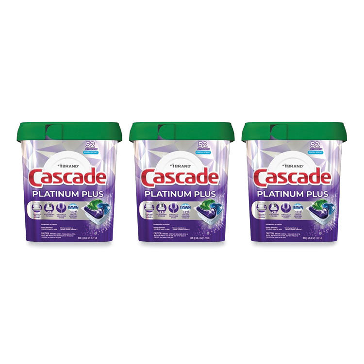 Cascade - Platinum Plus ActionPacs Dishwasher Detergent Pods, Fresh Scent, 28.4 oz Tub, 52/Tub, 3 Tubs/Carton