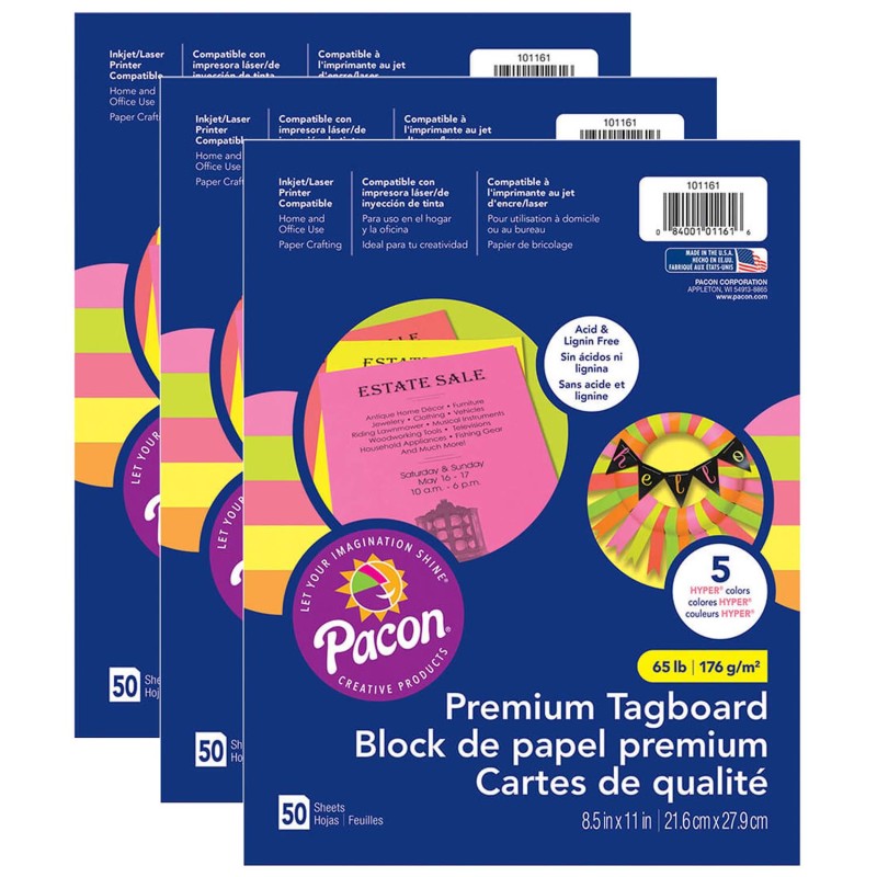 PACON - Premium Tagboard, 5 Assorted Hyper Colors, 8-1/2" x 11", 50 Sheets Per Pack, 3 Packs