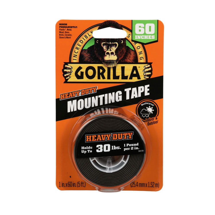 Gorilla - Heavy Duty Mounting Tape, Permanent, Holds Up to 30 lbs, 1" x 60", Black