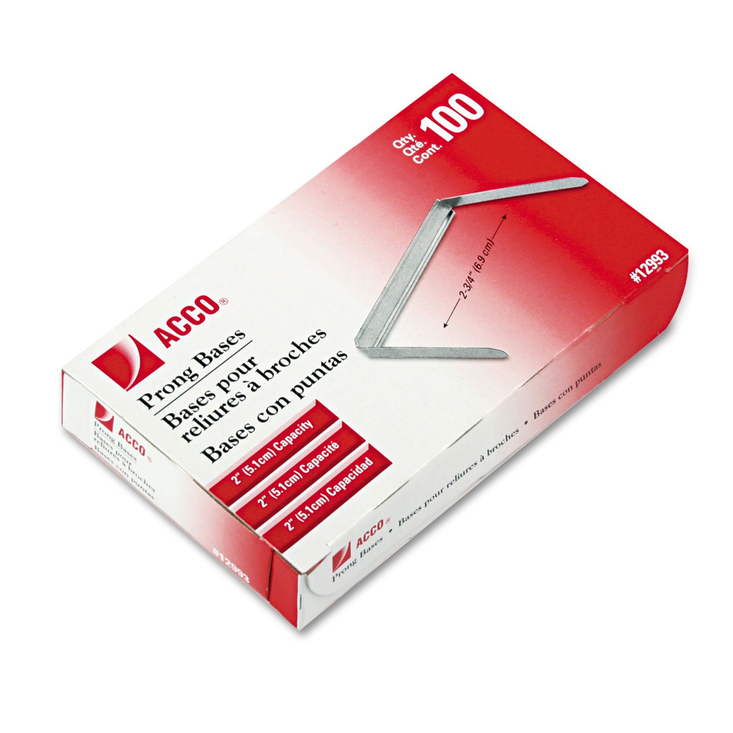 Standard Two-Piece Two-Prong Paper Fastener Bases, 2" Capacity, 2.75" Center to Center, Silver, 100/Box