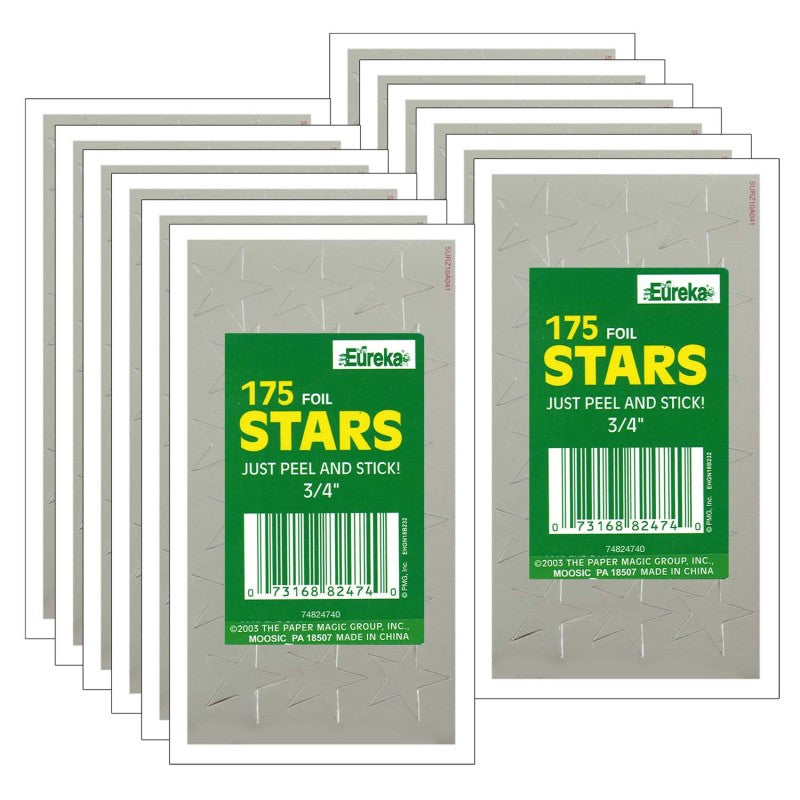 EUREKA - Presto-Stick Foil Star Stickers, 3/4", Silver, 175 Per Pack, 12 Packs