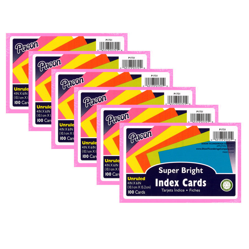 PACON - Index Cards, 5 Super Bright Assorted Colors, Unruled, 4" x 6", 100 Cards Per Pack, 6 Packs