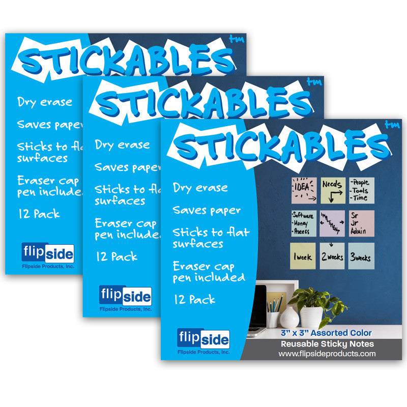 FLIPSIDE PRODUCTS - Dry Erase Stickables with Dry Erase Marker, Pastel Assorted, 3" x 3", 12 Per Pack, 3 Packs