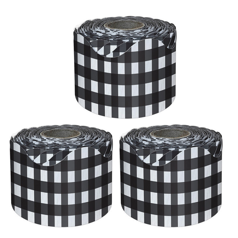 CARSON DELLOSA EDUCATION - Black Gingham Rolled Scalloped Borders, 65 Feet Per Roll, Pack of 3