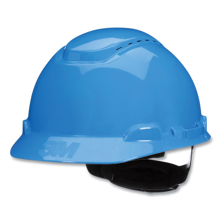 3M - SecureFit H-Series Hard Hats, H-700 Vented Cap with UV Indicator, 4-Point Pressure Diffusion Ratchet Suspension, Blue