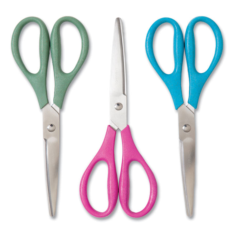 U Brands - U ECO Scissors. Concave Tip, 9.45" Long, 3" Cut Length, Assorted Straight Handle, 3/Pack