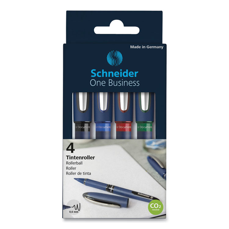 Schneider - One Business Rollerball Pen, Stick, Fine 0.6 mm, Assorted Ink and Barrel Colors, 4/Pack