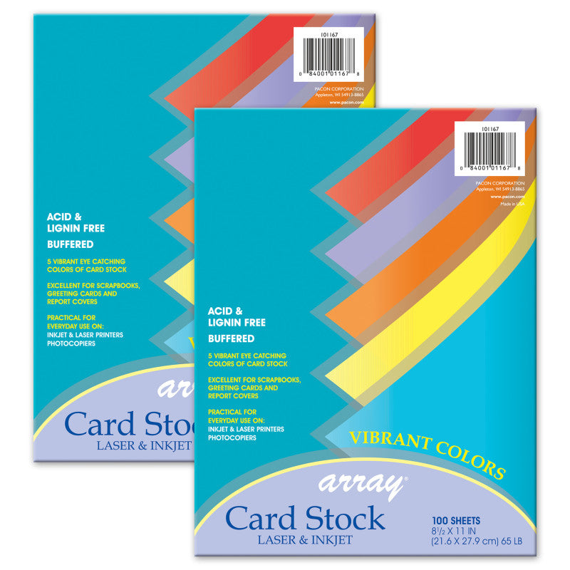 PACON - Vibrant Card Stock, 5 Assorted Colors, 8-1/2" x 11", 100 Sheets Per Pack, 2 Packs