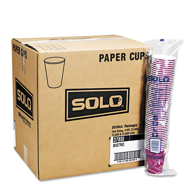 Dart - Solo Paper Hot Drink Cups in Bistro Design, 12 oz, Maroon, 50/Bag, 20 Bags/Carton