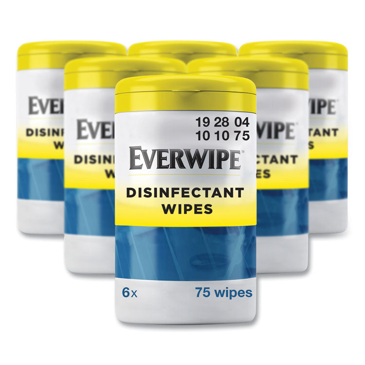 Everwipe - Disinfectant Wipes, 1-Ply, 7 x 7, Lemon, White, 75/Canister, 6 Canisters/Carton