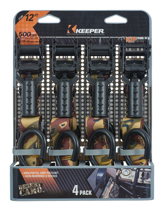 KEEPER - Keeper 1 in. W X 12 ft. L Camo Tie Down w/Ratchet 500 lb 4 pk