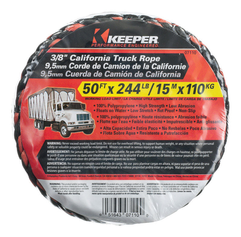 KEEPER - Keeper 3/8 in. W X 50 ft. L Black/Orange Truck Rope 244 lb 1 pk